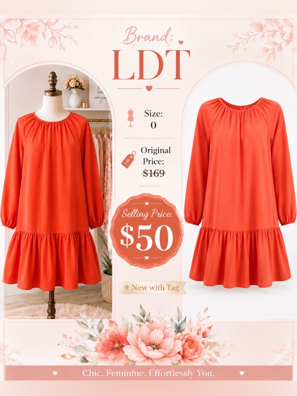 LDT Women's Coral Long-Sleeve Ruffle Hem Dress